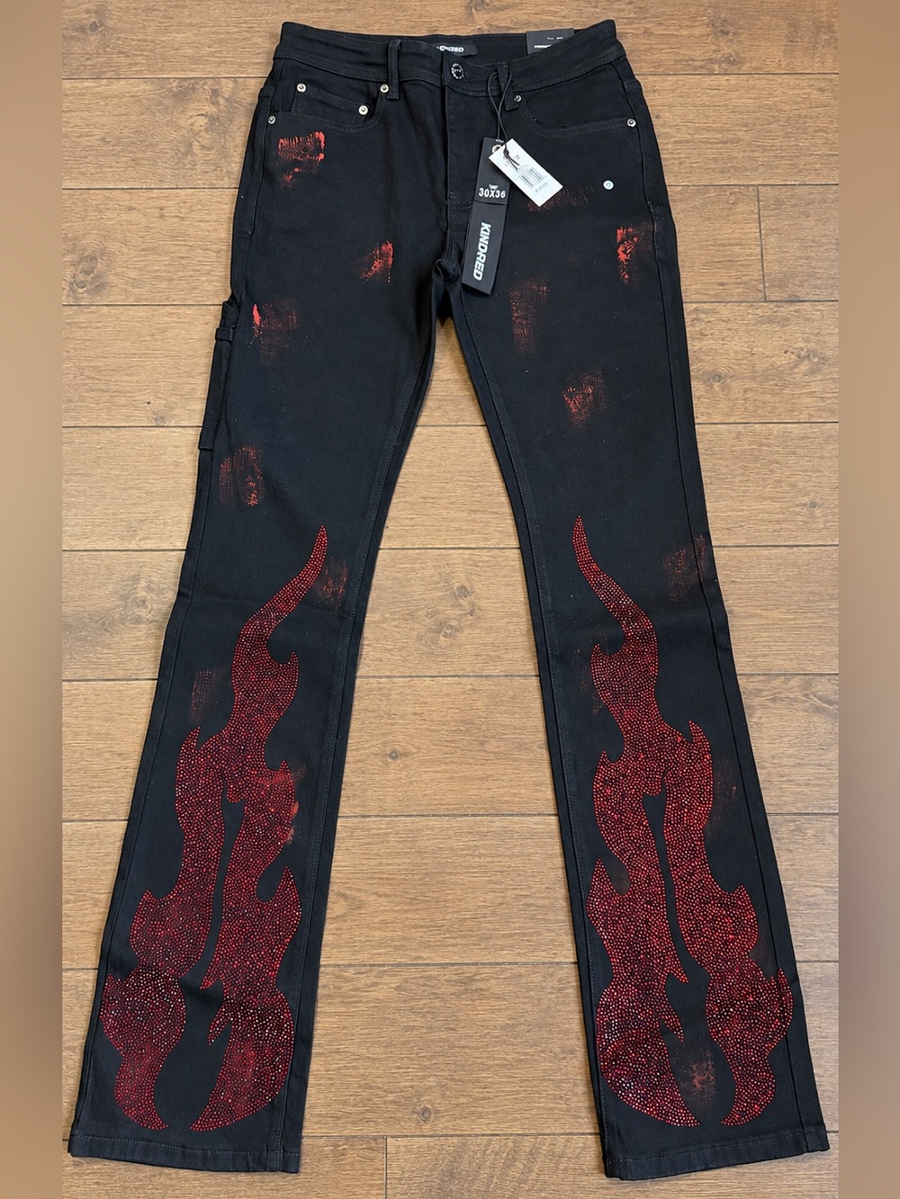 Kindred Red Rhinestone Flame Jeans Jet Black Size 30 x 36 New With Tags